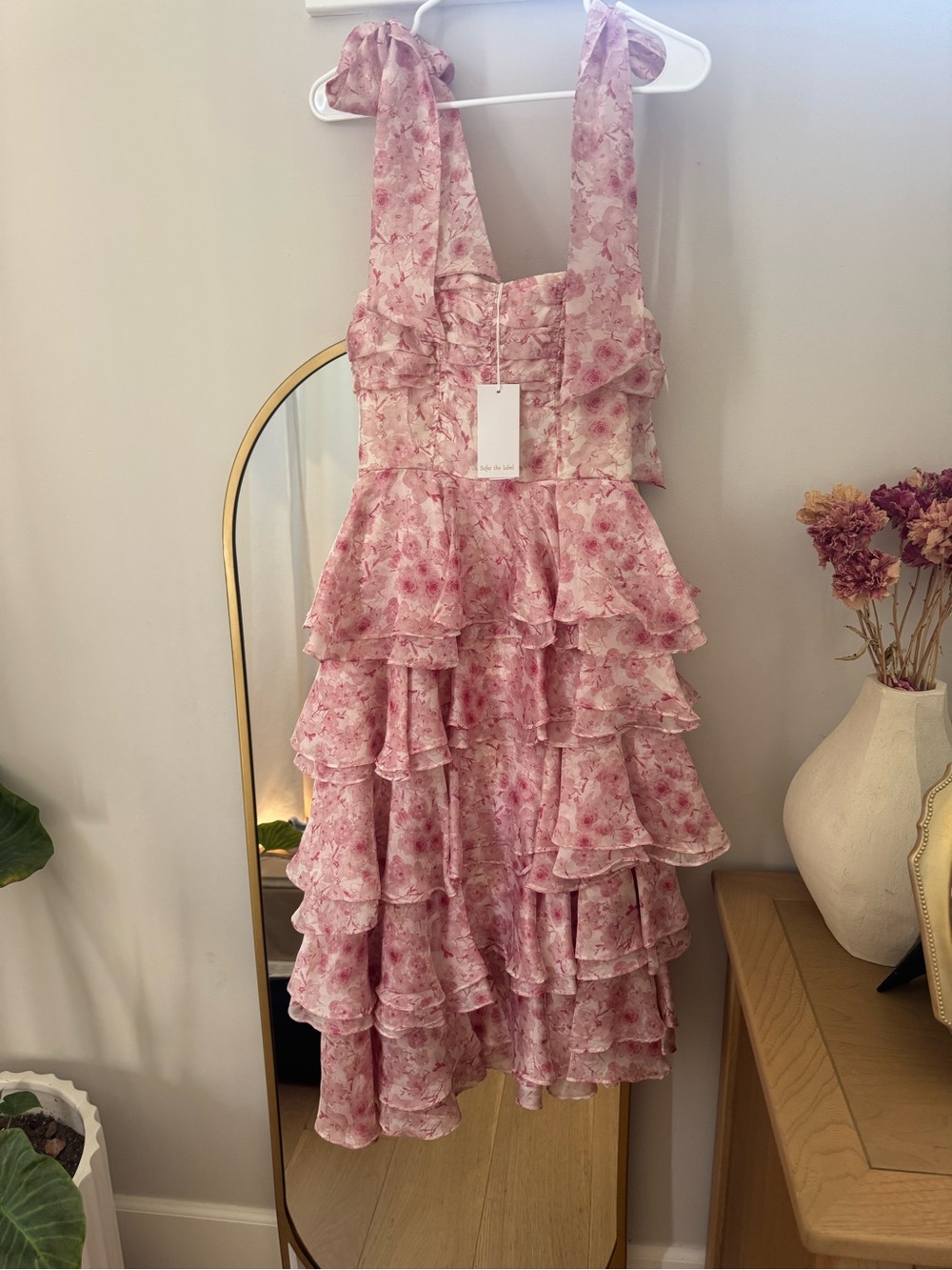 Tiered Pink Floral Midi Dress with Tie Shoulder Straps - Picture 4 of 6